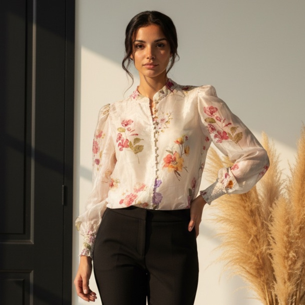 NWT Bailey/44 Bailey / 44 sheer floral ruffle wrist button down blouse sz Sm